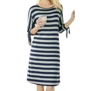 Soft Surroundings Adrift Dress Tie Cuffs Striped Blue Gray Nautical Jersey Sz XL